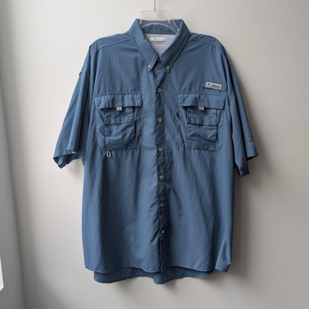 Columbia PFG Fishing Shirt Blue Bahama II Short Sleeve XL Vented Tech Utility